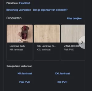 Voorbeeld van een productvermelding in Google Mijn Bedrijf.