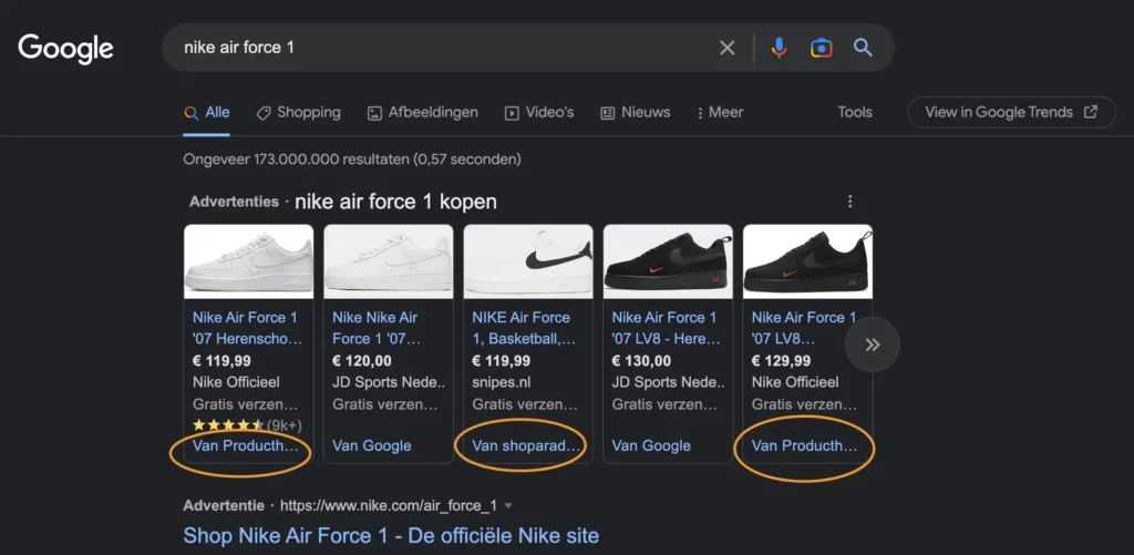Google CSS partner voorbeeld in Google Shopping